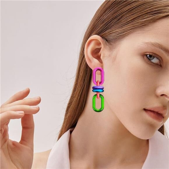 Two-Tone Chain Link Dangle Hoop Earrings – Bold Colorful Statement Jewelry - Picture 3 of 5